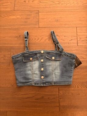 Dylan Ryan Denim Blue Jean Button-Front Crop Top Elastic Stretchy
